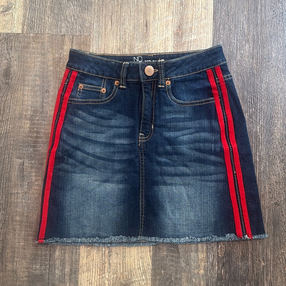 No Boundaries Varsity Jean Skirt Red Stripes Juniors Size 3 Mid Rise